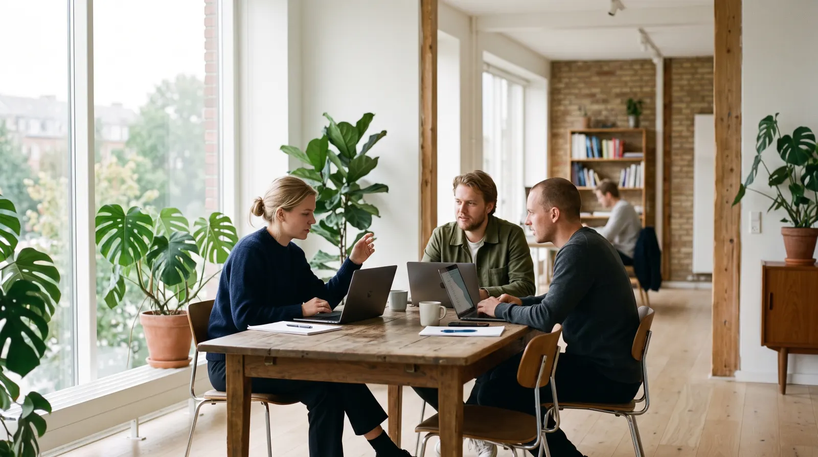 A small software team working together at laptops